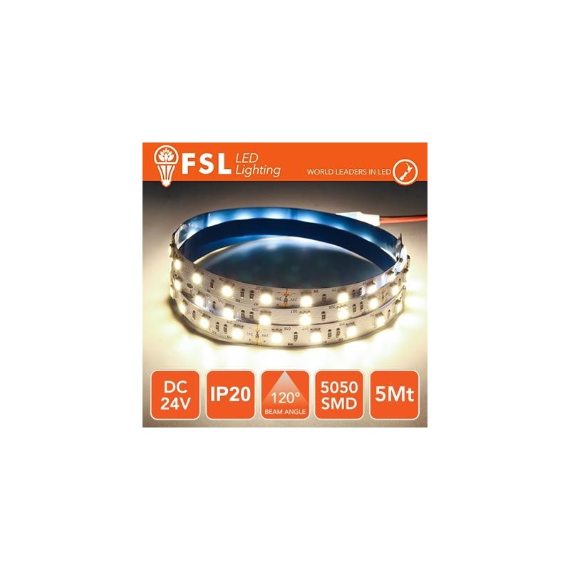 Bande LED 5m IP20 5050 24V - 12W/m 60led/m 4000K